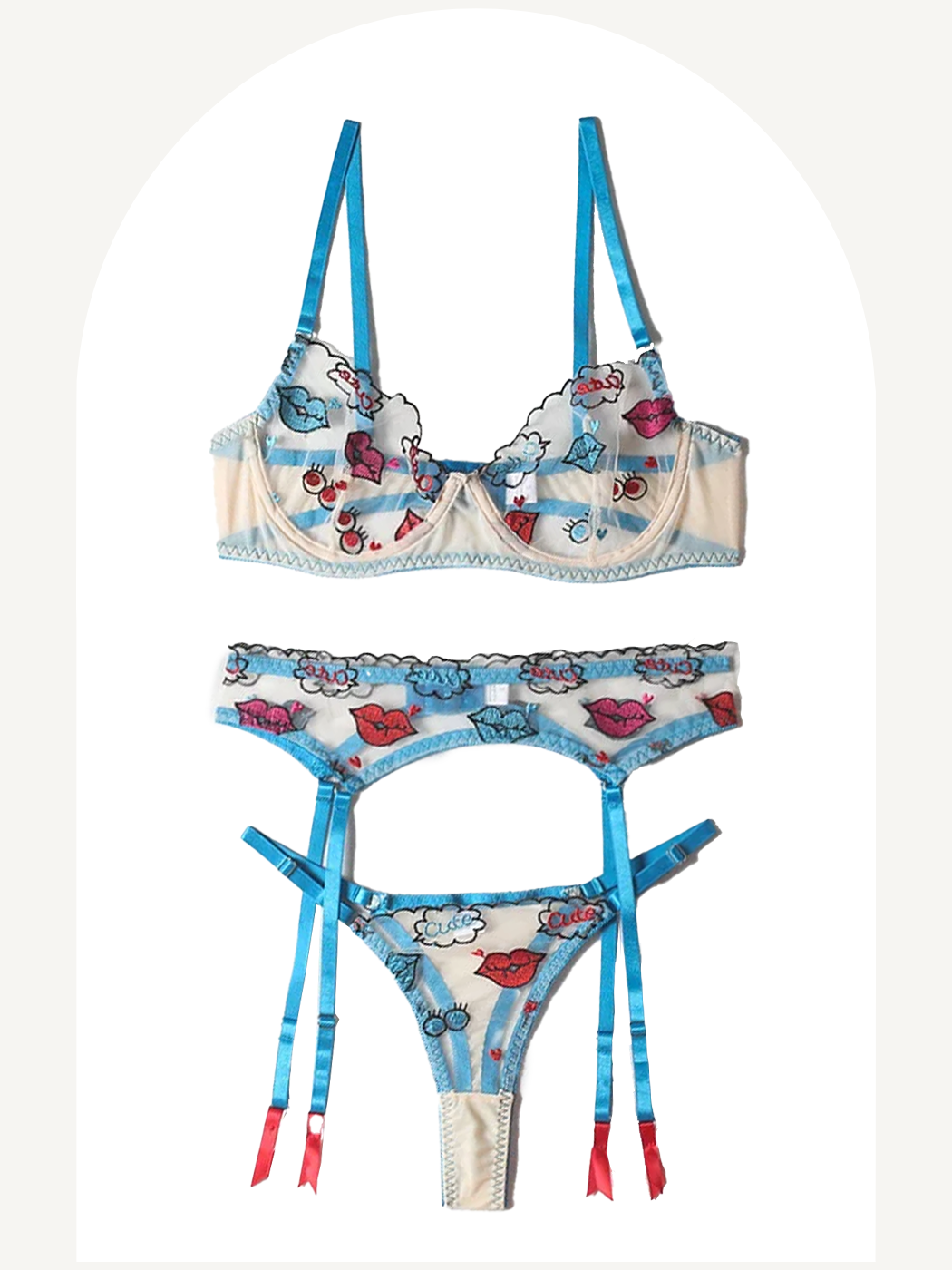 3-piece lingerie set embroidered with plump lips