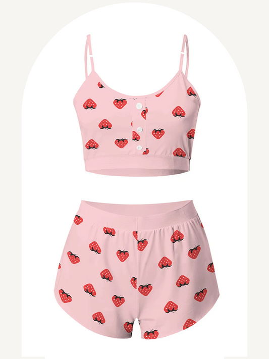 Strawberry printed top and pink shorts pyjamas