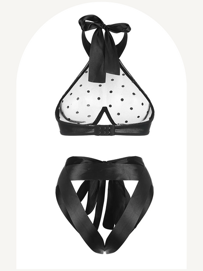 Polka dot see through erotic lingerie set with ribbon