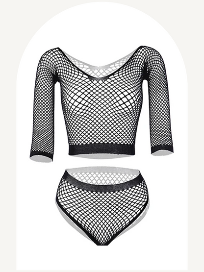 Fishnet lingerie set with long sleeve top and briefs