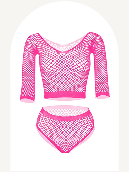 Fishnet lingerie set with long sleeve top and briefs