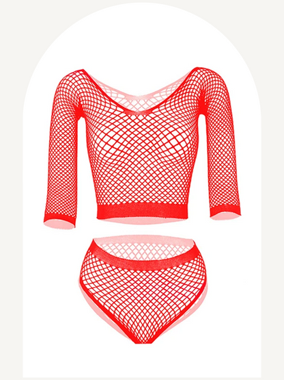 Fishnet lingerie set with long sleeve top and briefs