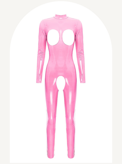 Women open cups and crotchless patent leather jumpsuit